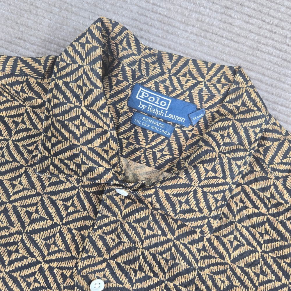 Polo Ralph Lauren Mens L Black Tan Silk Linen Bonnard Geometric Button Down